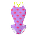 Costume intero donna da mare Dega L031DF - Lilla Stelle Rosso Fluo, vista frontale