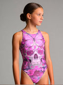 Costume intero bambina da allenamento PINUP 552P - Teschio Farfalla, vista frontale