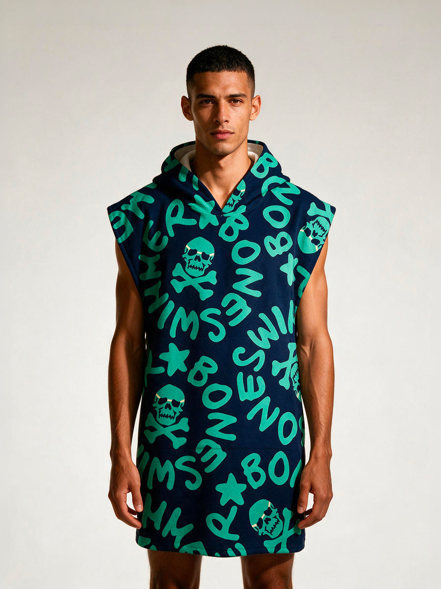 Poncho aus Mikrofaser 63POF — Blau mit Logo in Mint