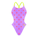 Costume intero donna da mare Alte L028AF - Lilla Stelle Rosso Fluo, vista frontale